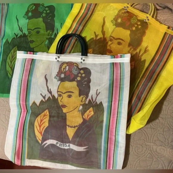 Frida Kahlo Mexican Artist Bundle 3 Mesh Tote Bags - White, Green and Yellow - Picture 9 of 9
